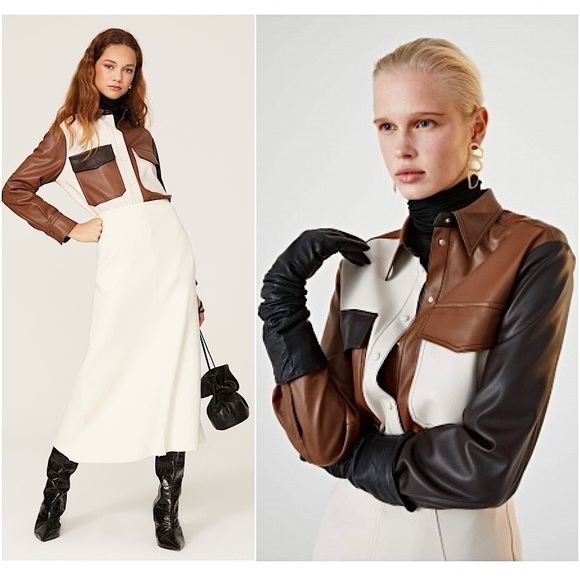 SFIZIO Vegan Leather Colorblock Patchwork Button Front Shirt Jacket Size 4 - Picture 1 of 11